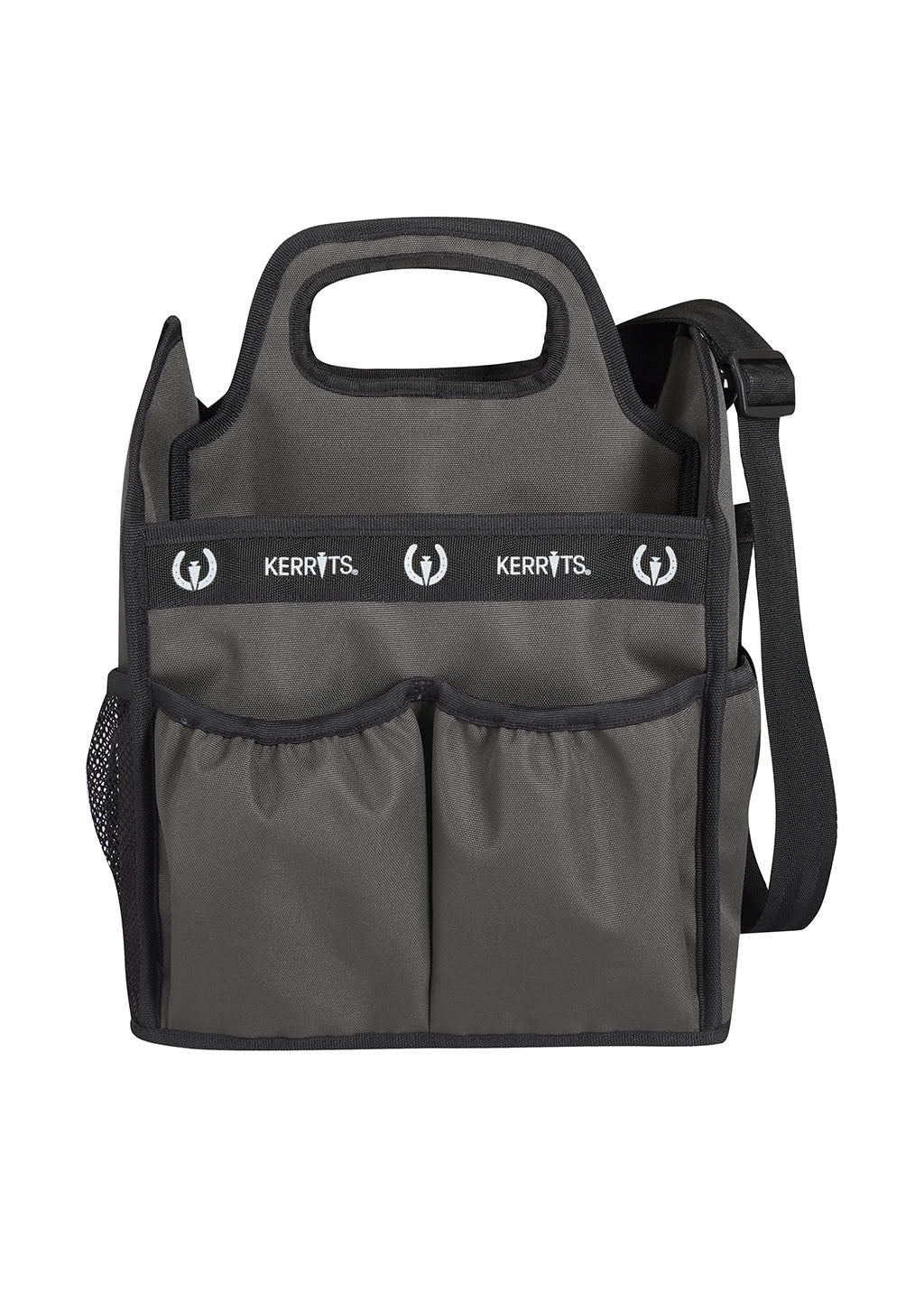 Kerrits branded equestrian grooming tote, Sage with black trim. with white logo. Handles and shoulder strap.