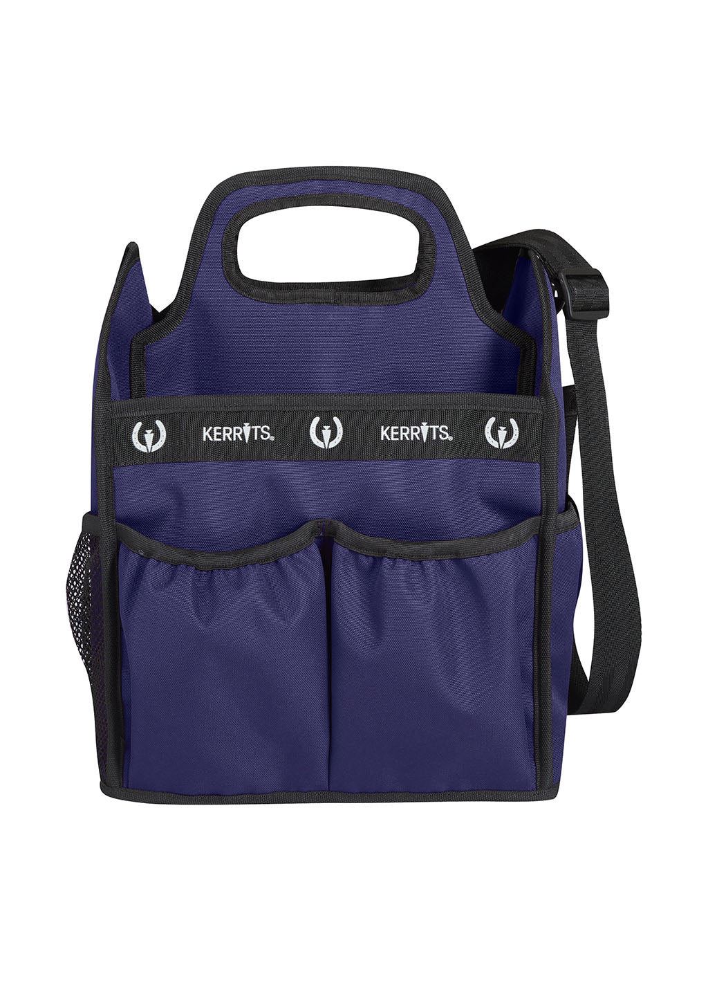 Kerrits branded equestrian grooming tote, Purple with black trim. with white logo. Handles and shoulder strap.