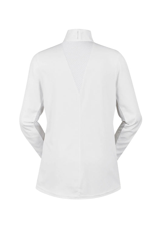 White long sleeve high collar equestrian show shirt - back view has a vented panel