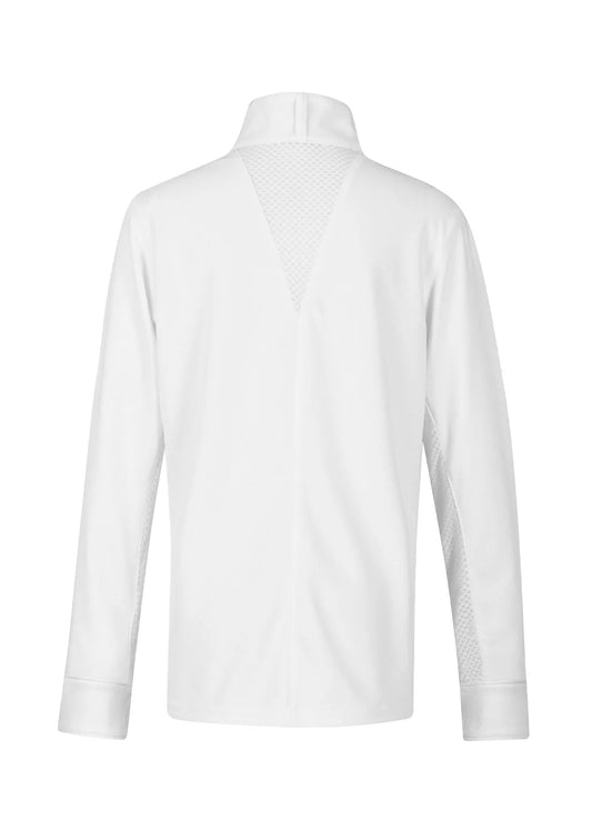 Back side of a white long sleeve equestrian show shirt
