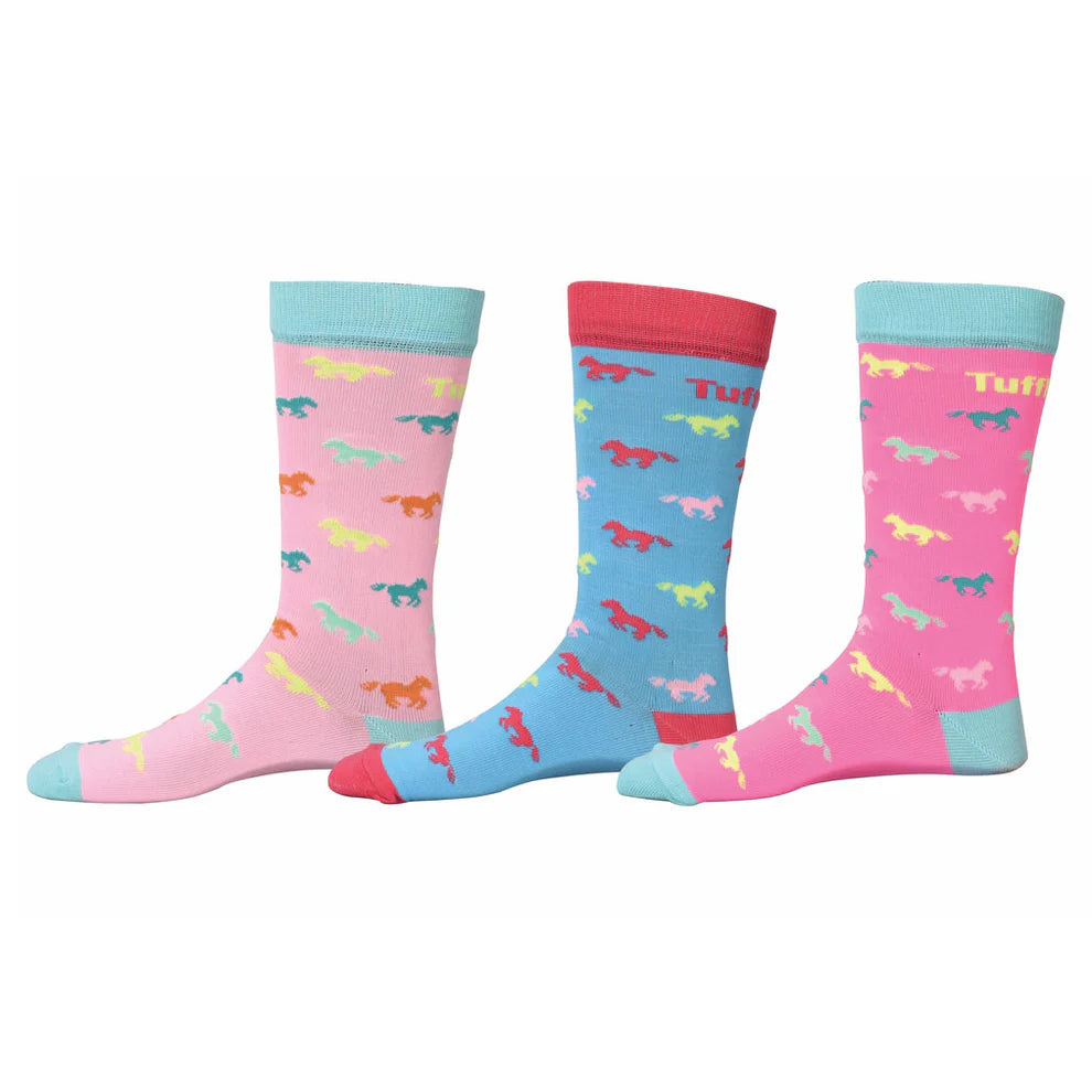 Three pairs of colorful socks with horse patterns on a white background