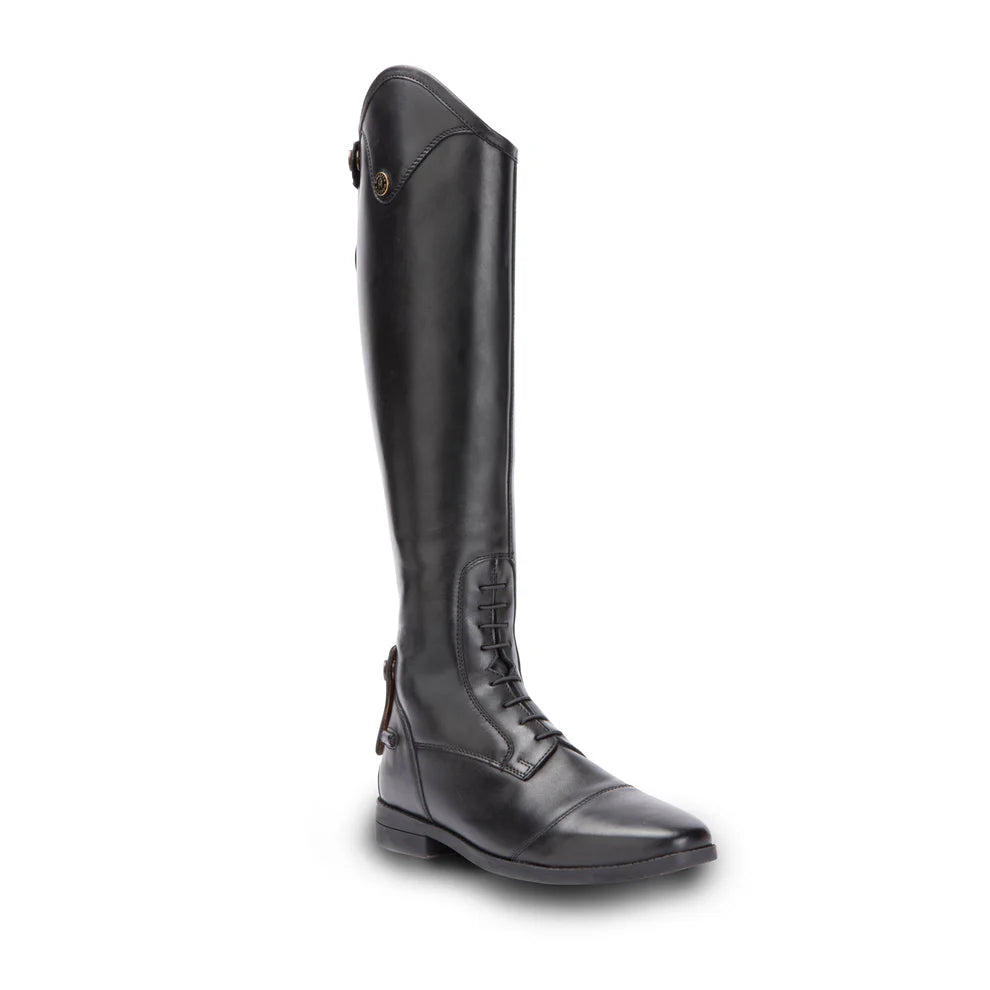 Black leather english style riding boot on a white background.