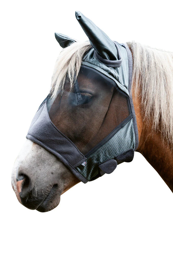 Horse wearing a grey fly mask with mesh covering eyes, nose, and ears on a white background.