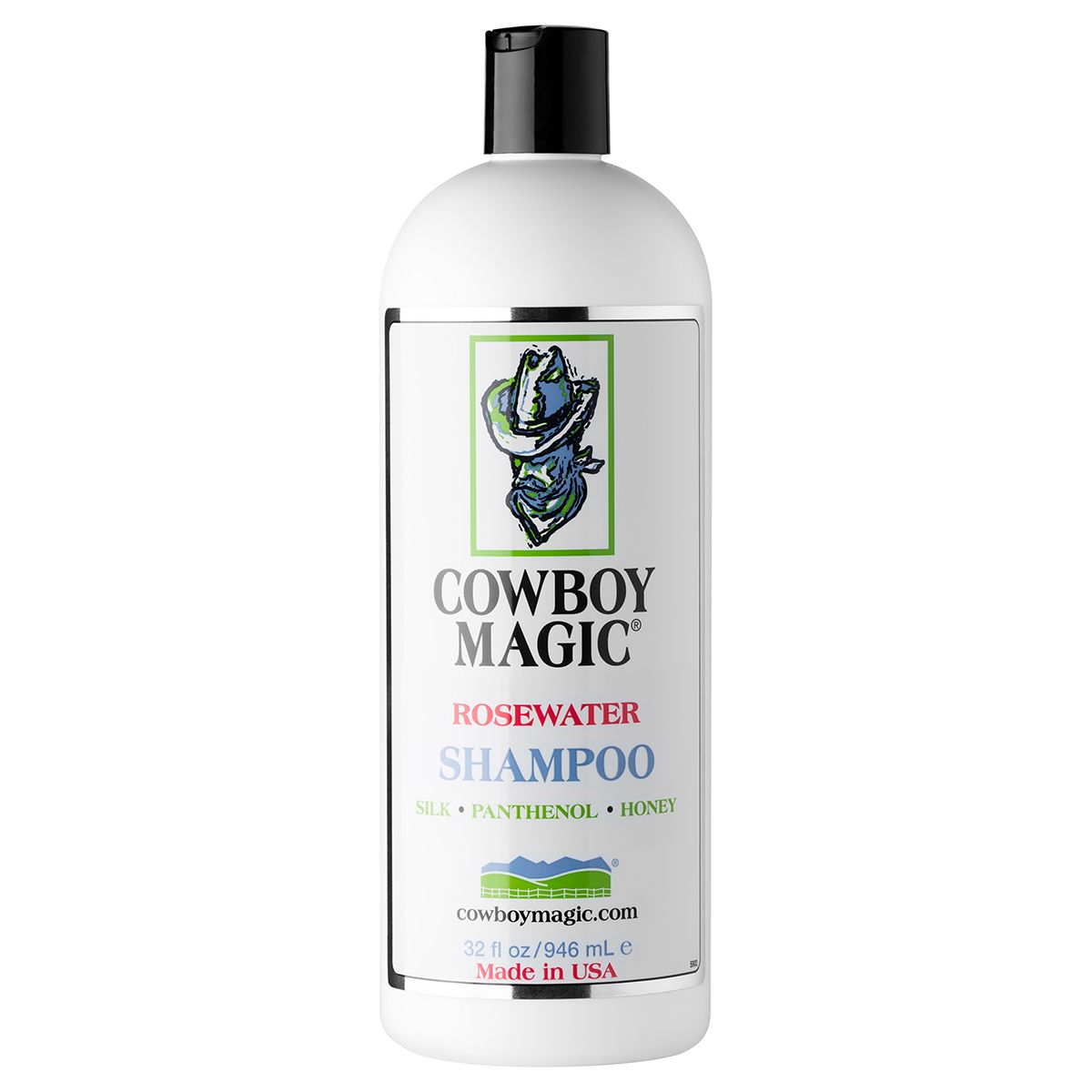 White bottle of Cowboy Magic Rosewater Shampoo