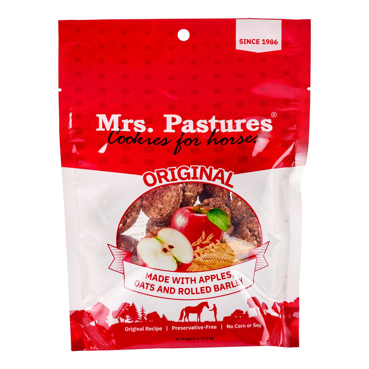 An 8oz bag of Mrs Pastures cookies for horses