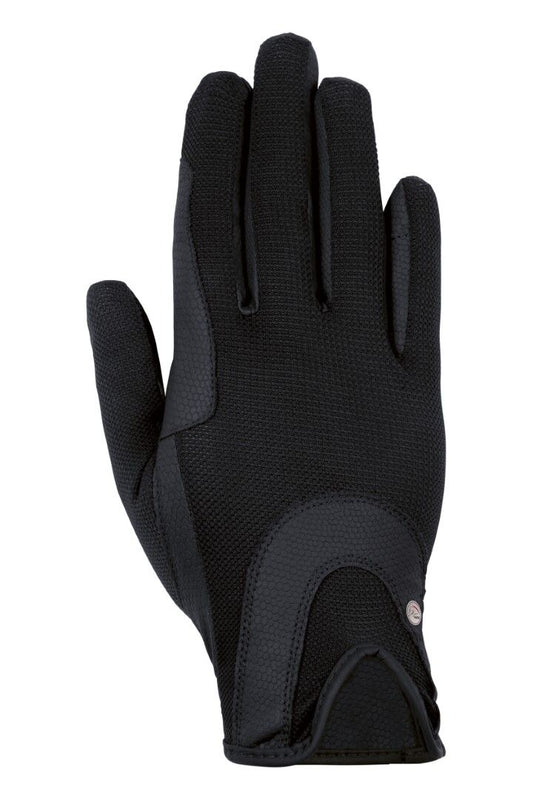 Black riding glove showing mesh panels