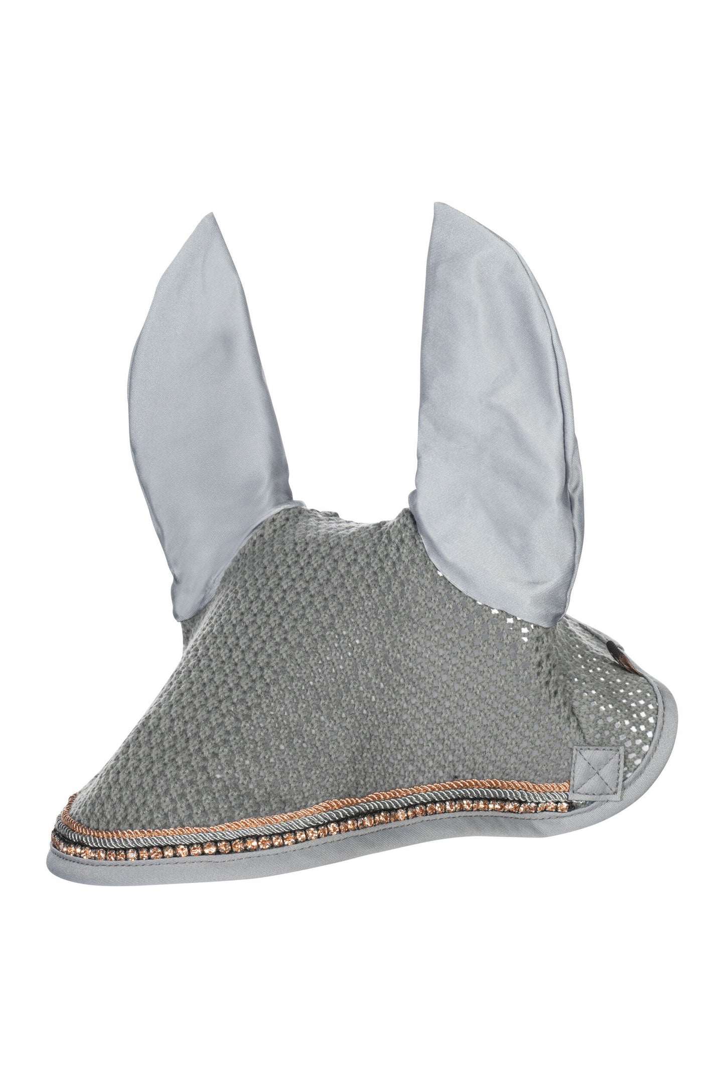 Grey equine fly bonnet with rosegold trim and stones