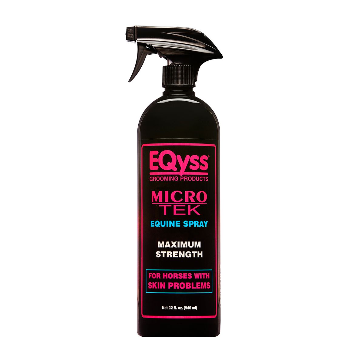 32 oz spray bottle of EQyss Equine Spray. Black bottle with mostly pink lettering