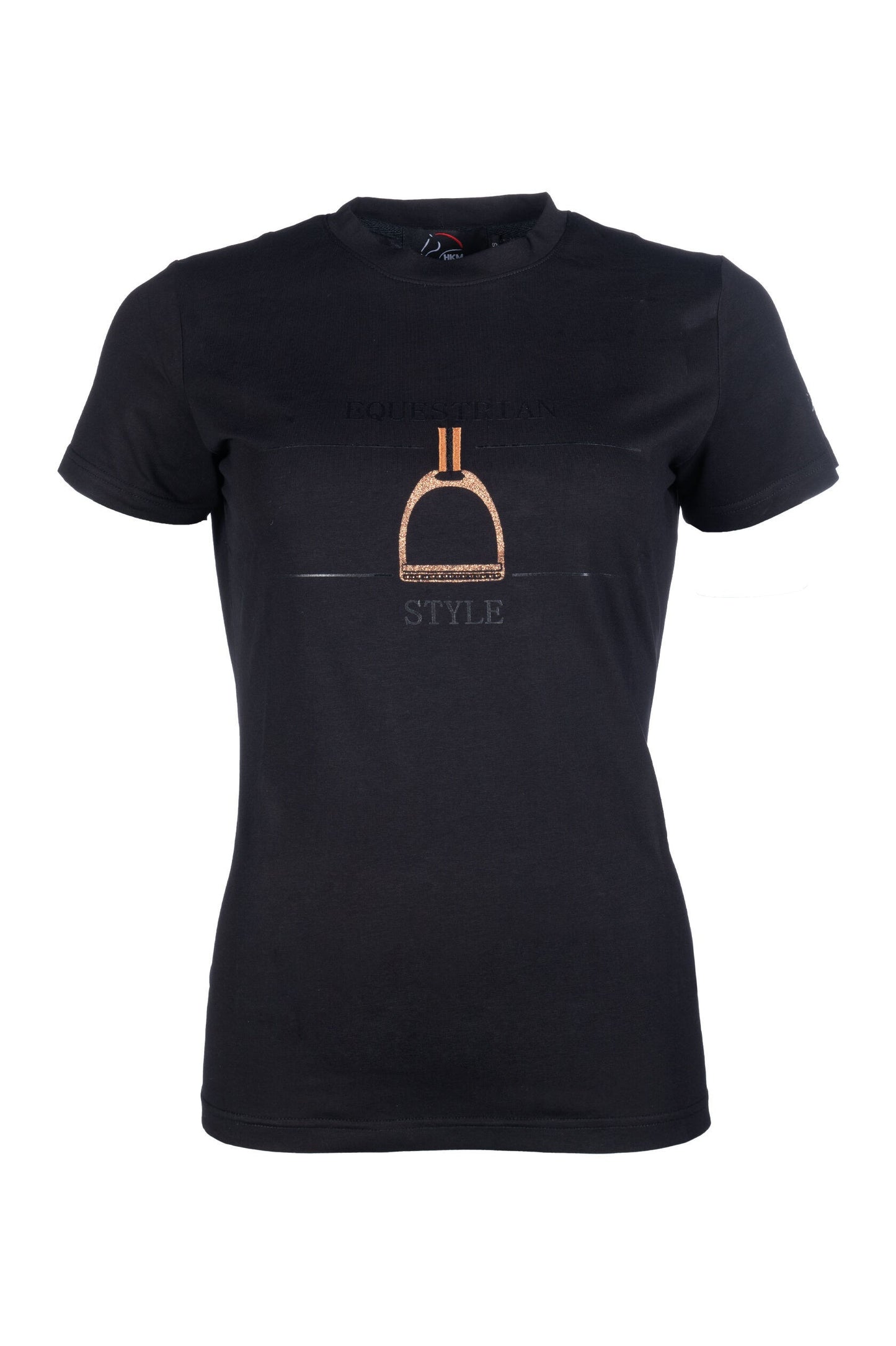 Black short sleeve tshirt with a rose gold stirrup. Words "equestrian style" printed on shirt.