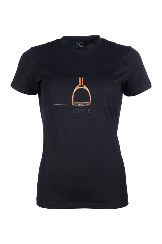 Black short sleeve tshirt with a rose gold stirrup. Words "equestrian style" printed on shirt.