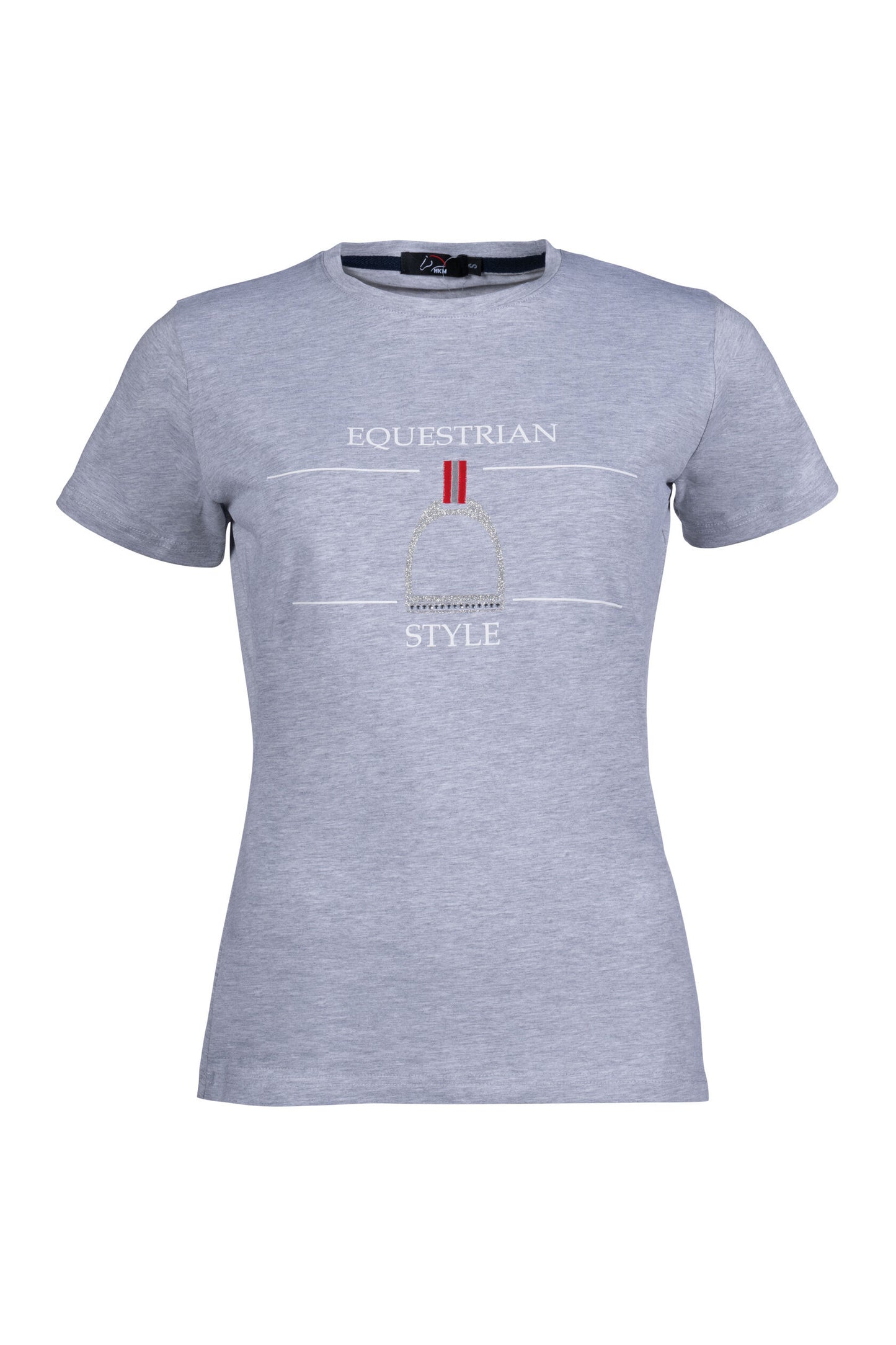 Grey short sleeve tshirt with a silver stirrup. Words "equestrian style" printed on shirt.