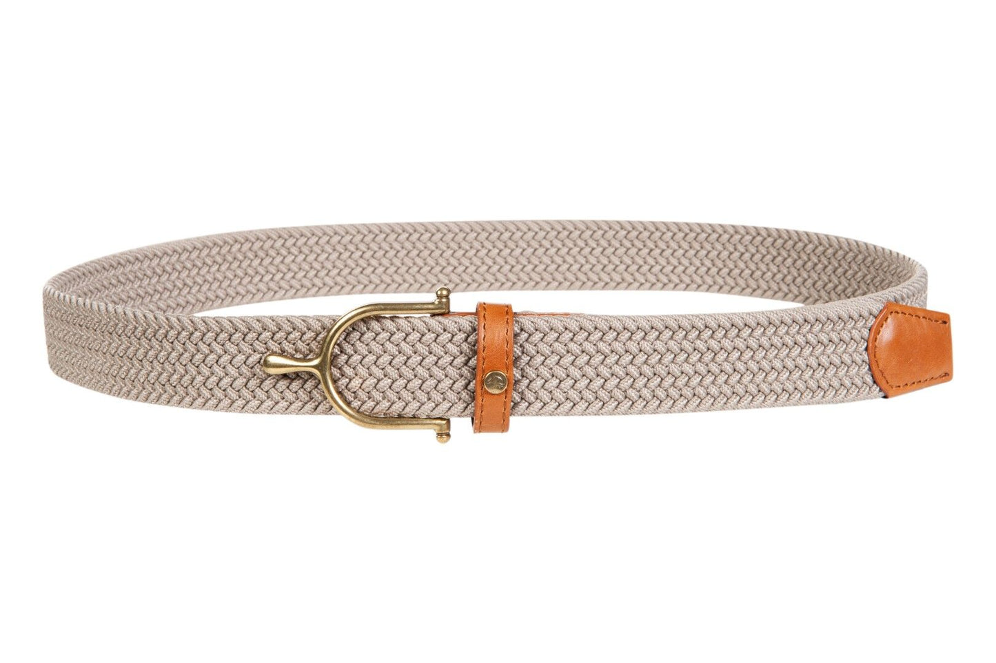 Tan elastic belt with an english equestrian brass spur as a buckle and tan leather accents