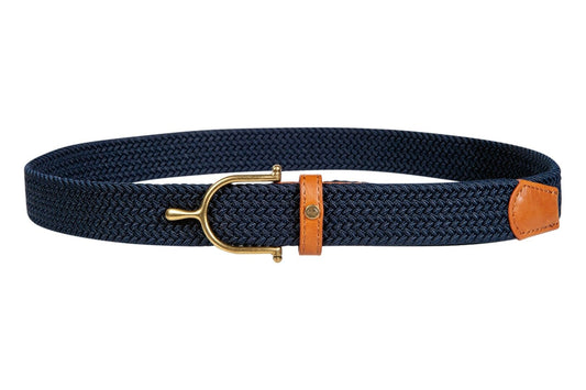 Navy elastic belt with an english equestrian brass spur as a buckle and tan leather accents