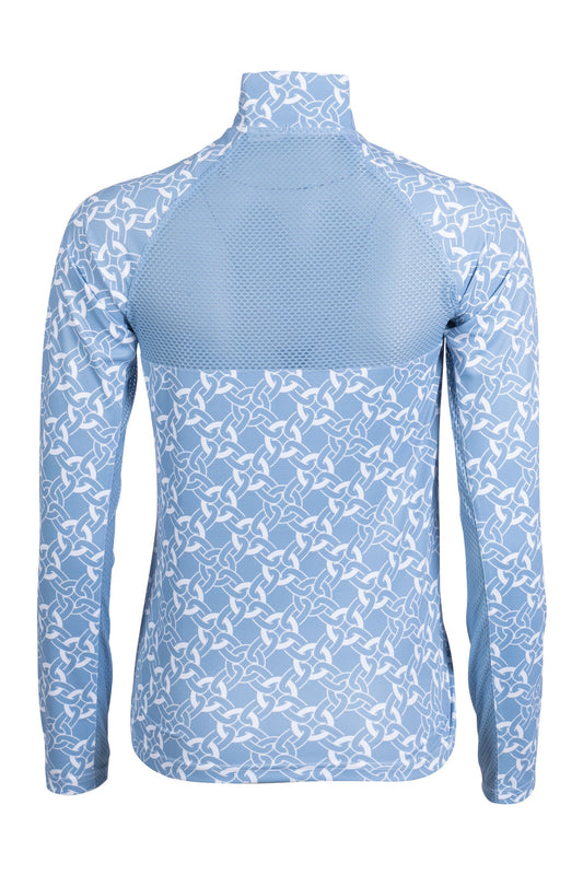 Back view of a blue and white print riding shirt.