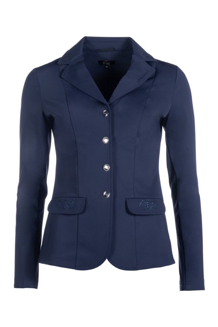 Navy equestrian show coat with four buttons and subtle crystal accents