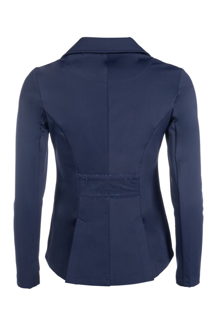 Back view of an equestrian show jacket with a band of subtle crystals on lower back