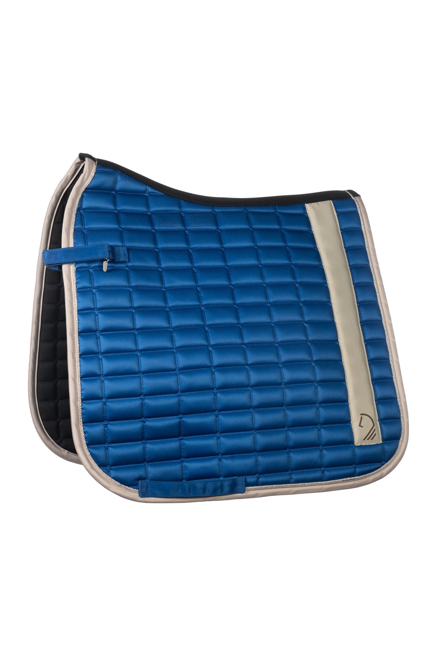 Blue saddle pad with grey accent stripe and trim