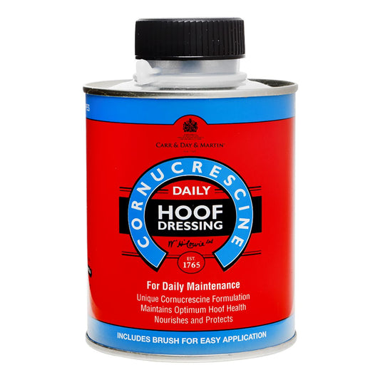 red can of Cornucrescine daily hoof dressing