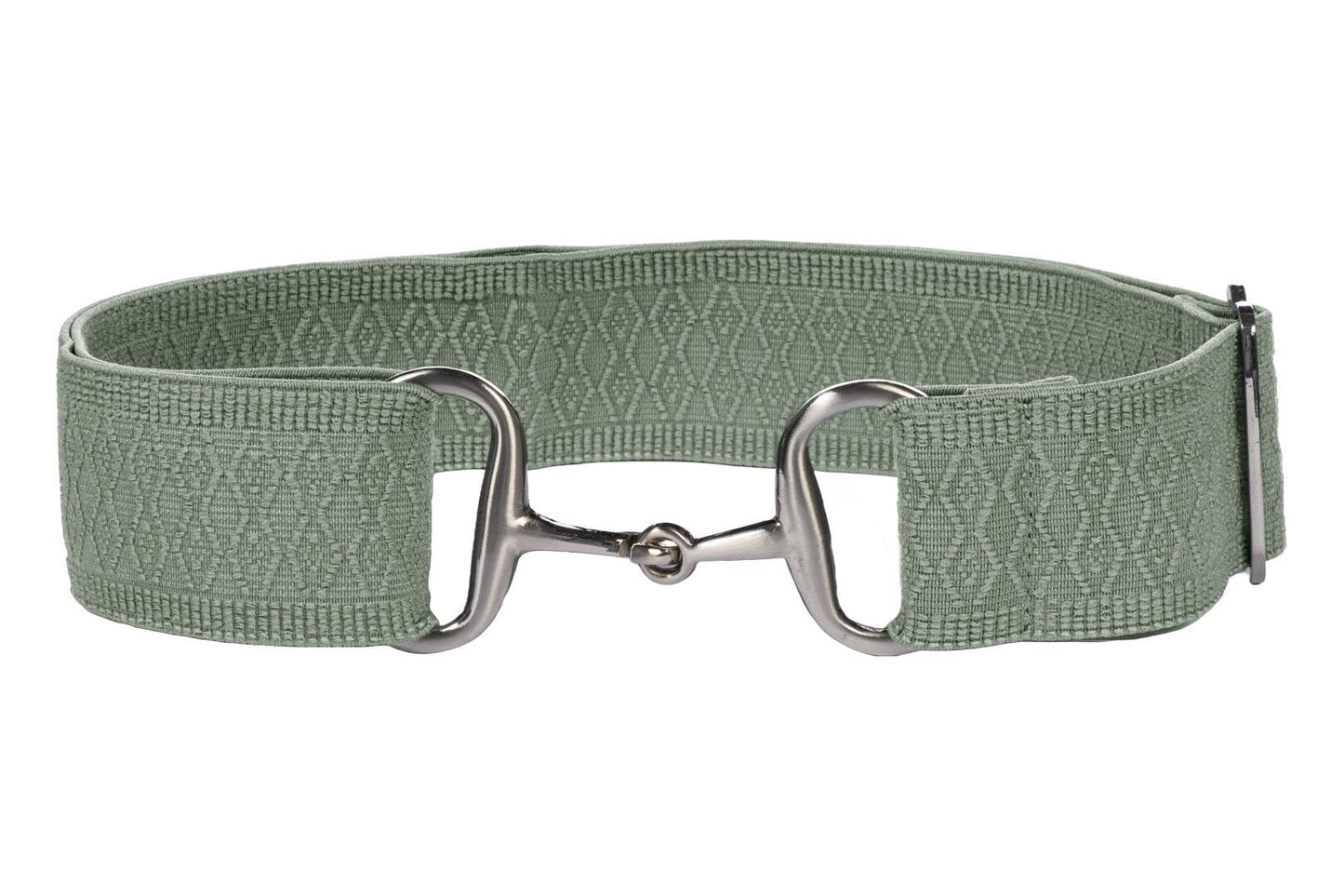Light green textured elastic belt with a silver buckle that looks like a snaffle bit.