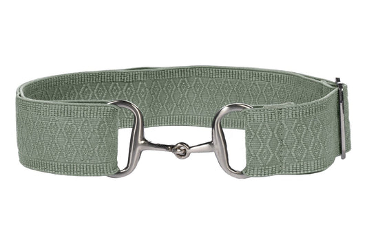 Light green textured elastic belt with a silver buckle that looks like a snaffle bit.