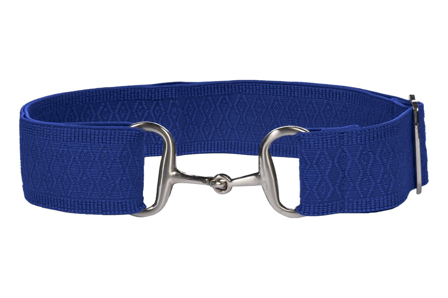 Royal blue textured elastic belt with a silver buckle that looks like a snaffle bit.