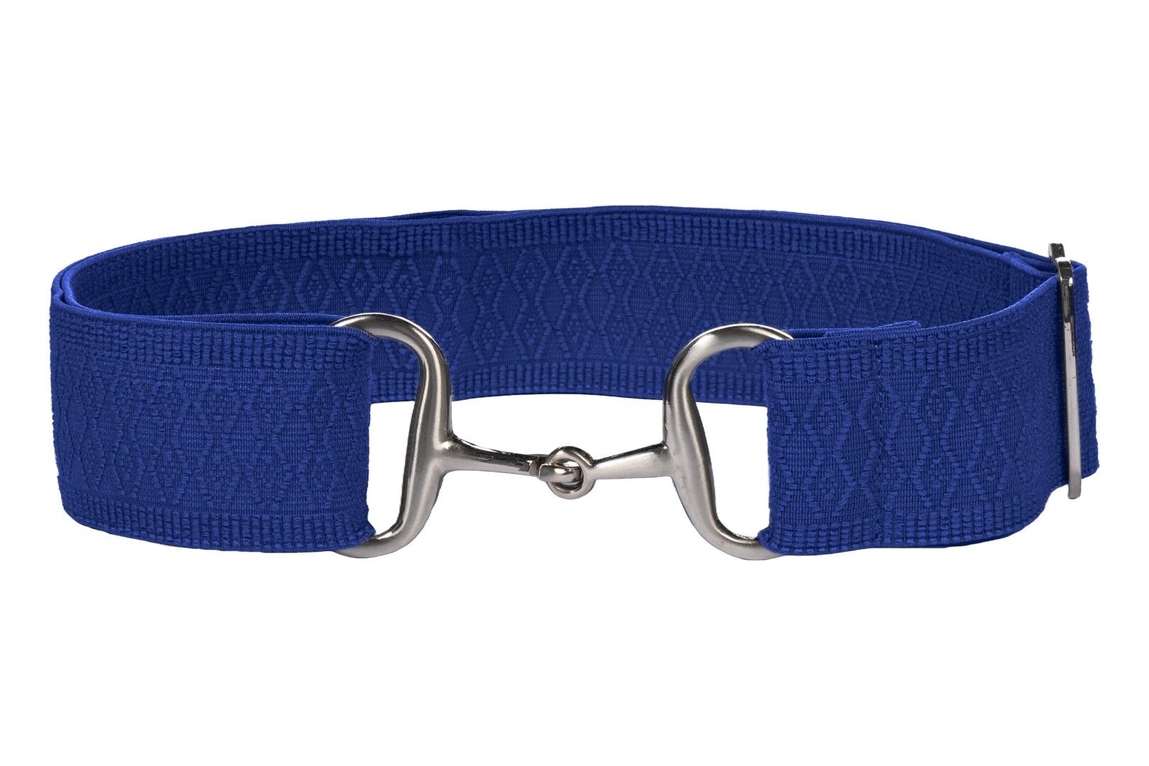 Royal blue textured elastic belt with a silver buckle that looks like a snaffle bit.