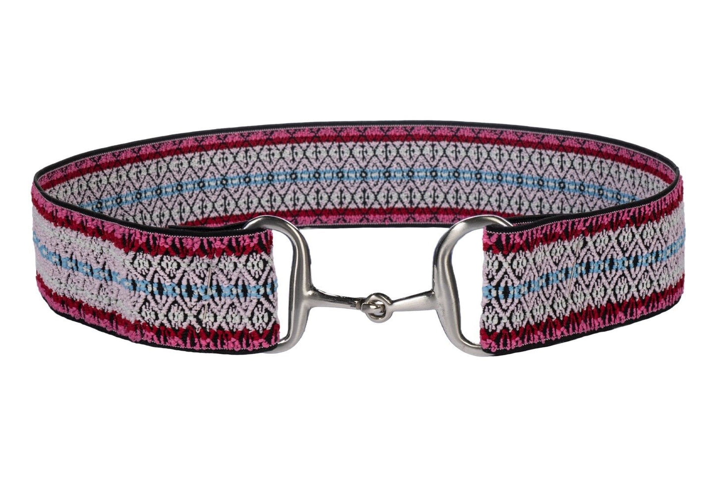 multicolored textured elastic belt with a silver buckle that looks like a snaffle bit.