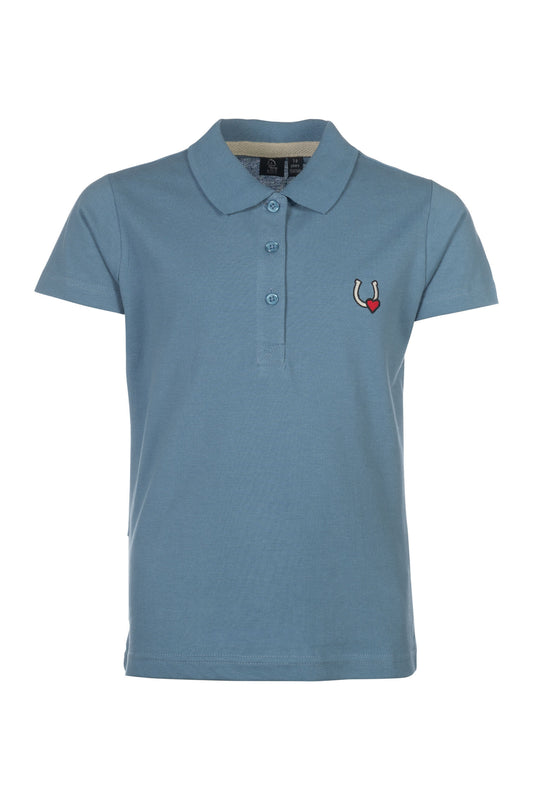 a dusty blue polo shirt with a horseshow and heart logo