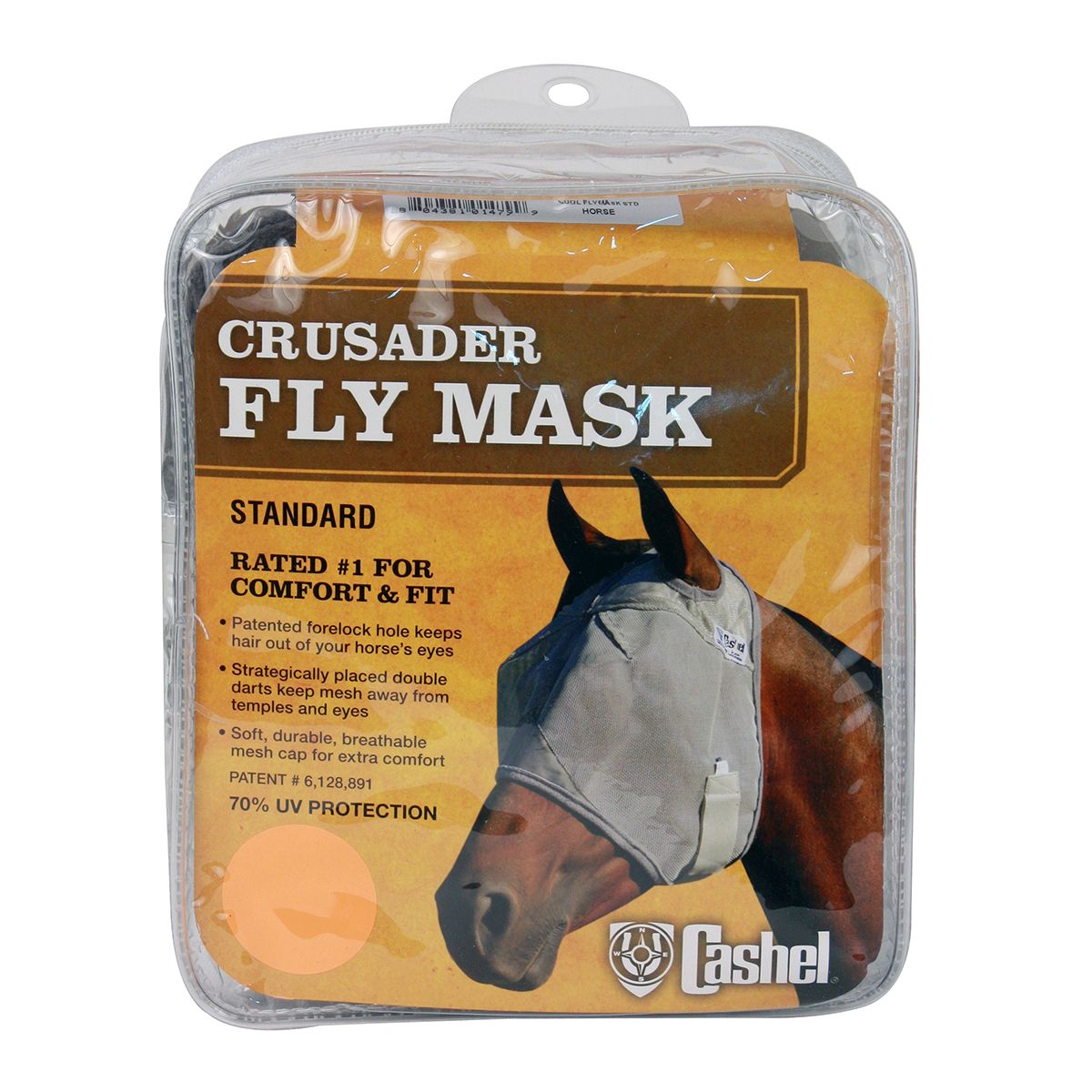 Package of Crusader Fly Mask with photo of a grey mask on a horse