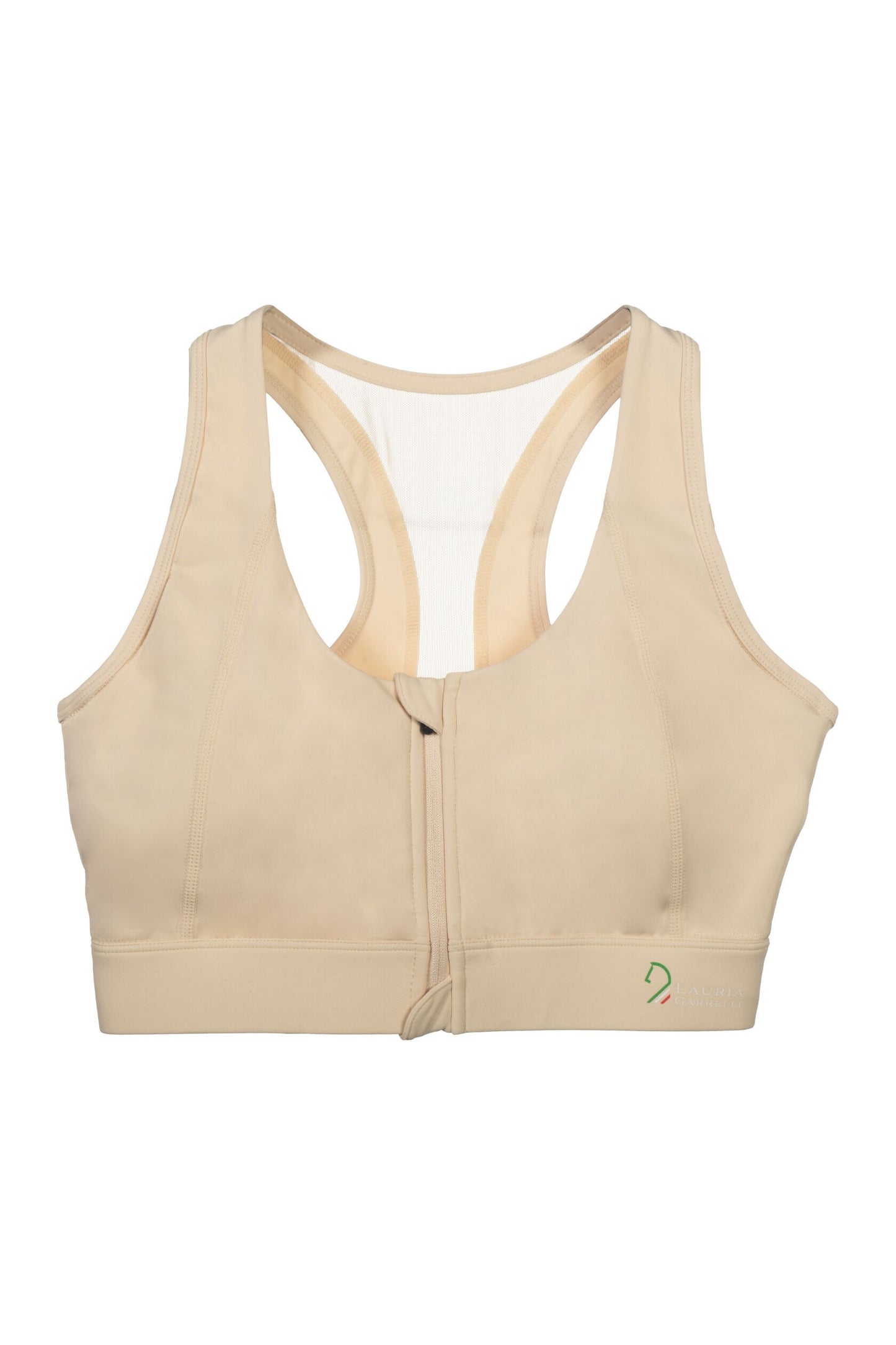 Tan sports bra with zippered front