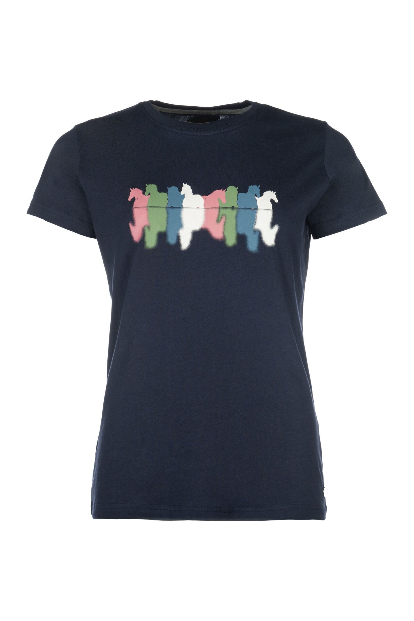 Navy tee shirt with a group of colorful galloping horses with a mirrored effect.