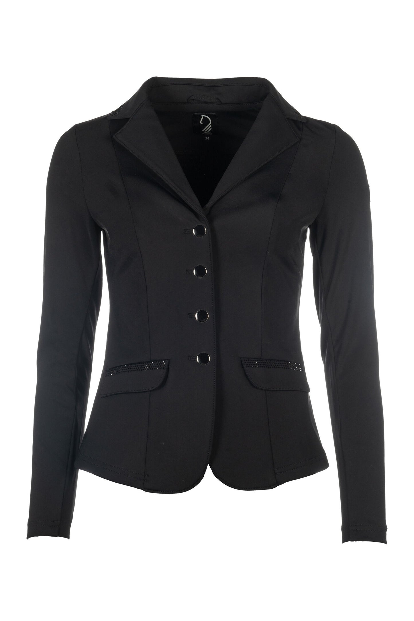 Black equestrian show jacket with four buttons and some gemstones for accent
