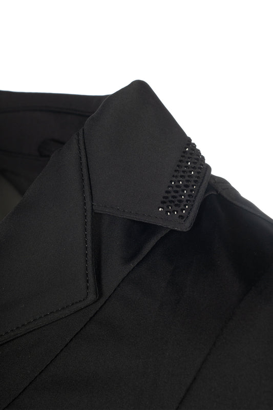 View of just the collar of a black equestrian show jacket wiith some gemstones for accent