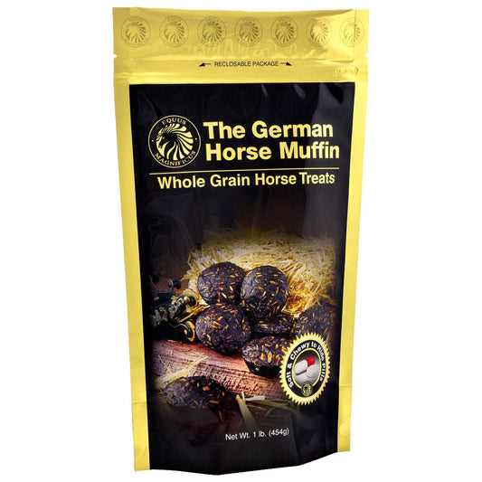 1 lb bag of German Horse Treats.  Gold bag with a picture of dark horse cookies