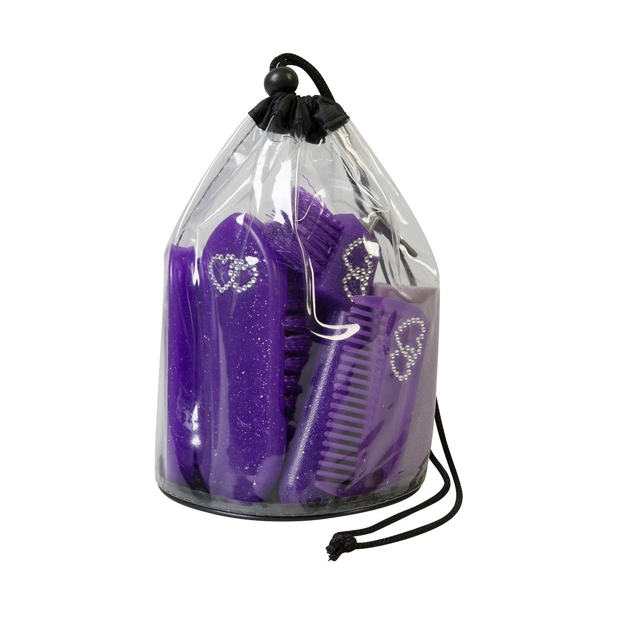 Purple equine grooming tools in a clear plastic carry bag