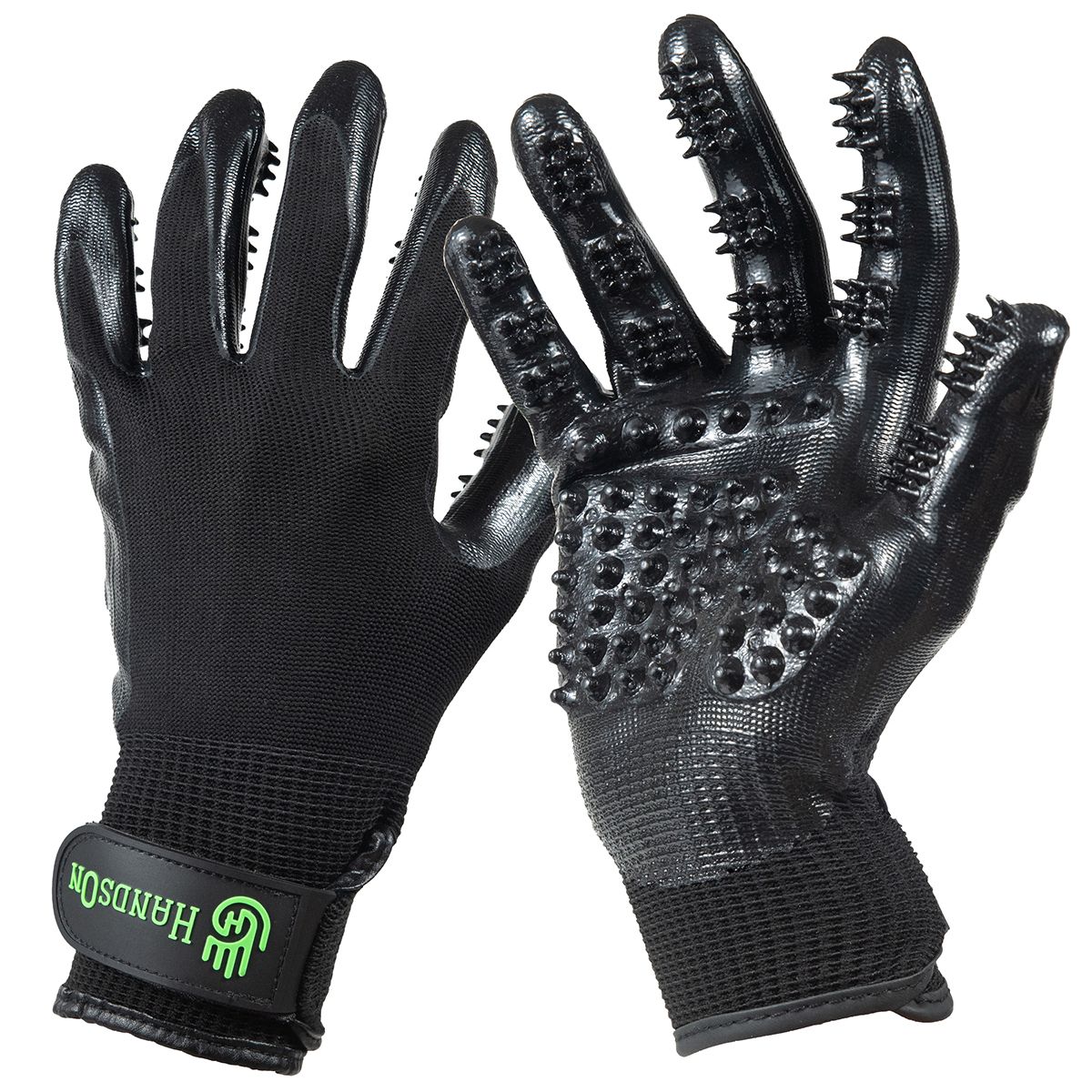 pair of rubber black gloves with nubbies intended to groom a horse, dog, cat, etc..