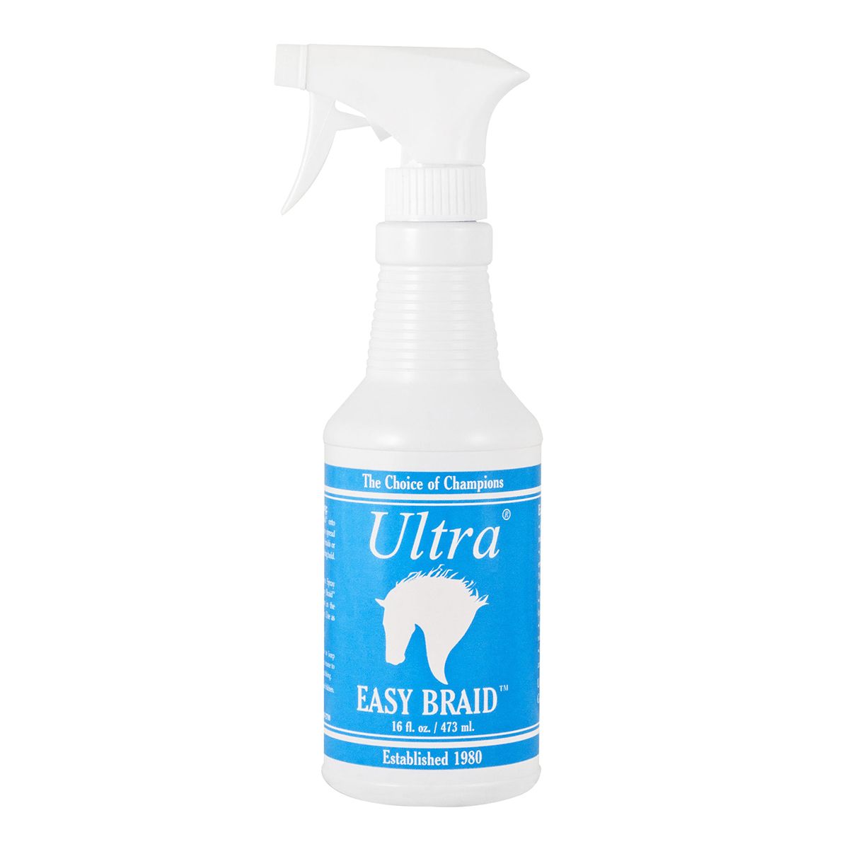 Blue and white spray bottle of Ultra Easy Braid for horses