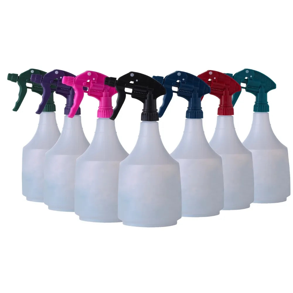 a group of 32 oz spray bottles with different color spray heads