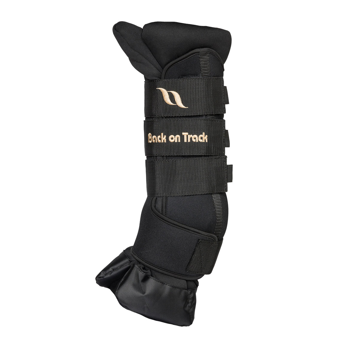 Black protective leg guard with 'Back on Track' branding on a white background