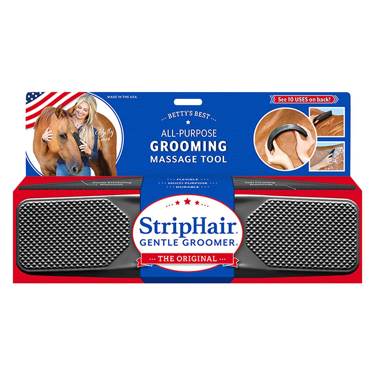 StripHair grooming massage tool for horses