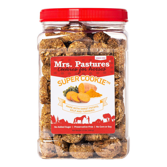 Clear container with red top of Mrs. Pastures super cookies for horses