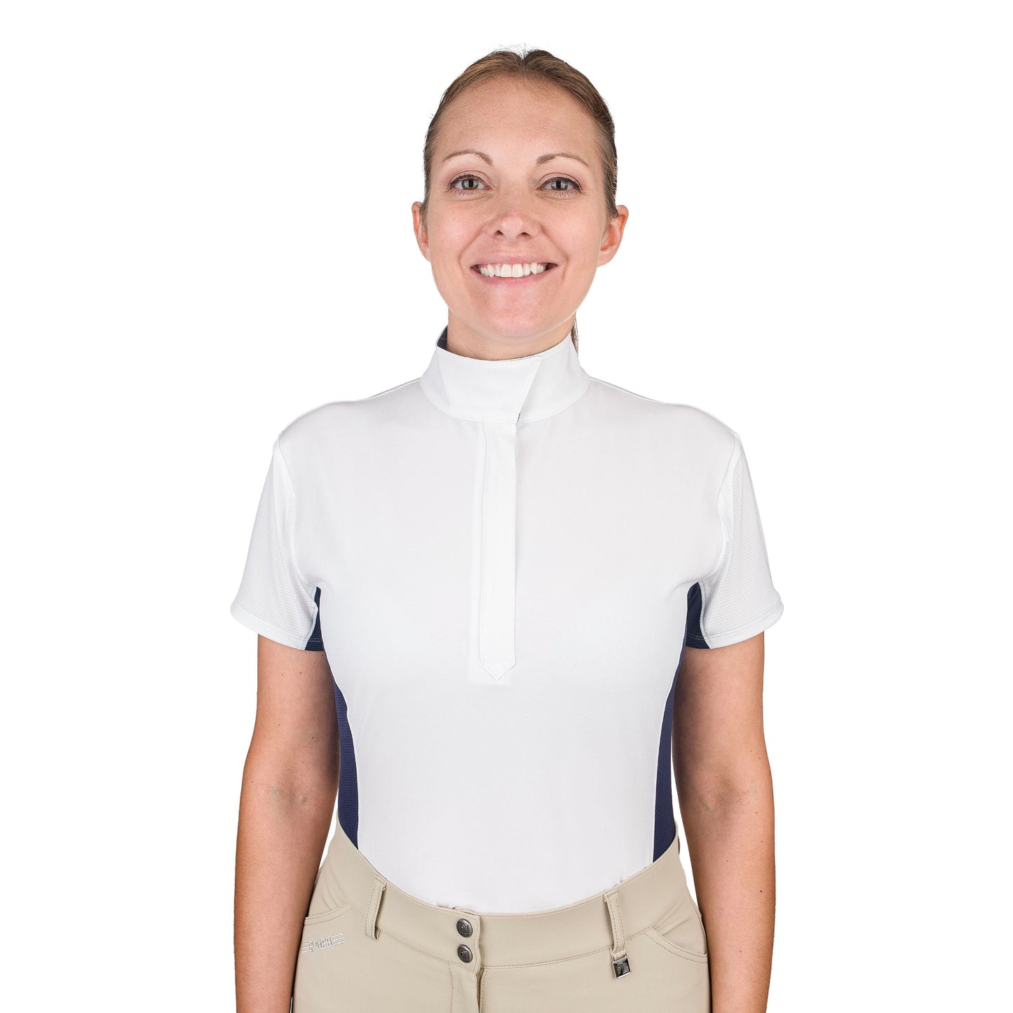 equestrian woman wearing a white short sleeve show shirt with navy blocks down the side