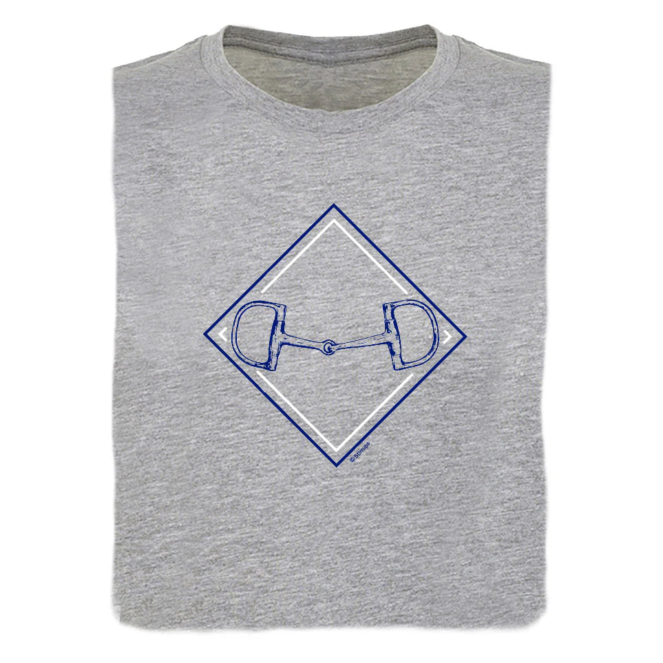 Grey crew neck shirt with a graphic of a Dee ring snaffle bit