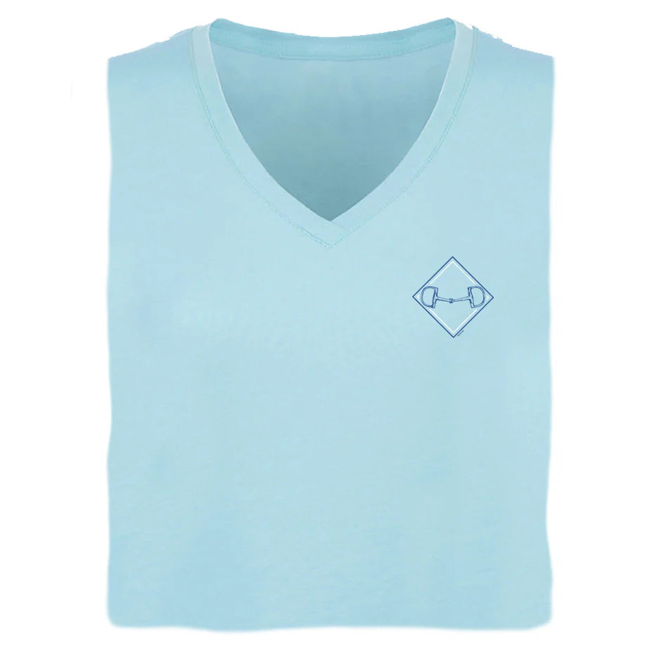 Blue v-neck tee shirt with a dee ring snaffle bit graphic on the breast