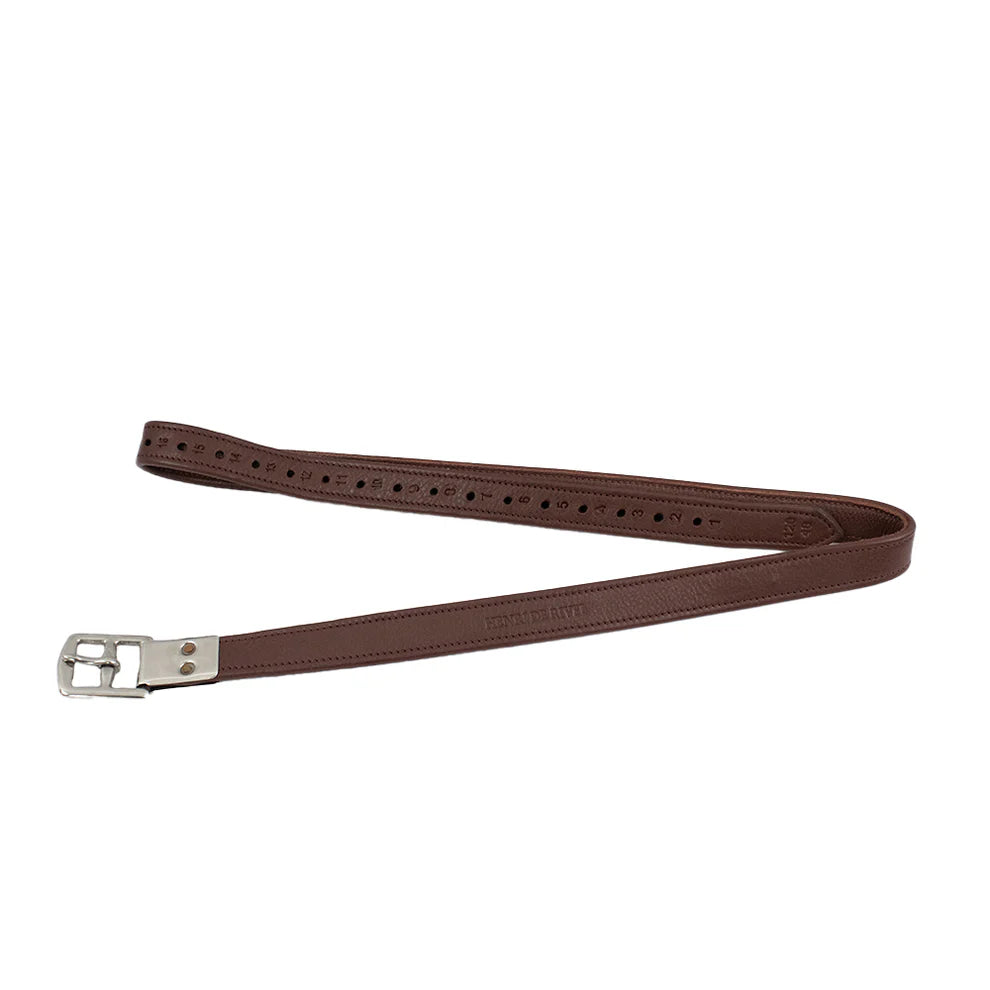 Brown leather stirrup leather with silver buckle on a white background