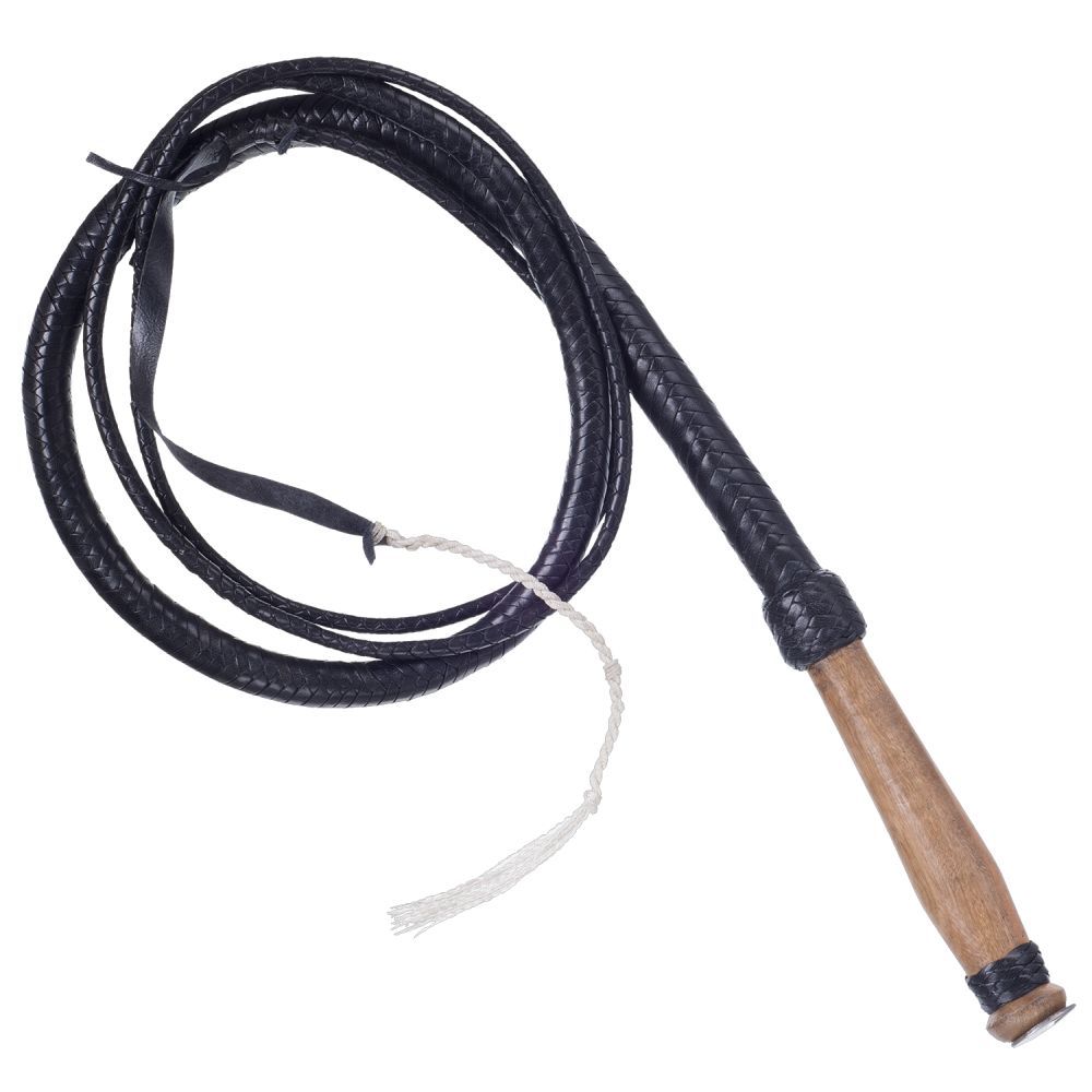 Dark leather bull whip with a tan handle