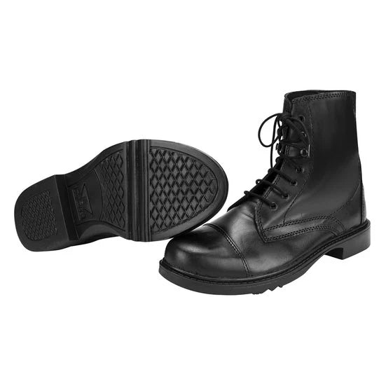 Black laced leather paddock boots with detailed sole design on a white background