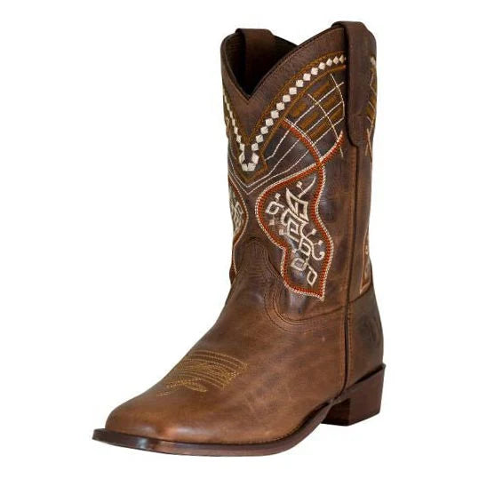 Brown cowboy boot with intricate embroidery on a white background