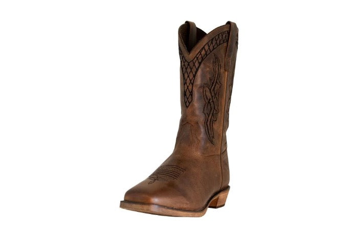 front view of brown leather western boot with subtle design etching