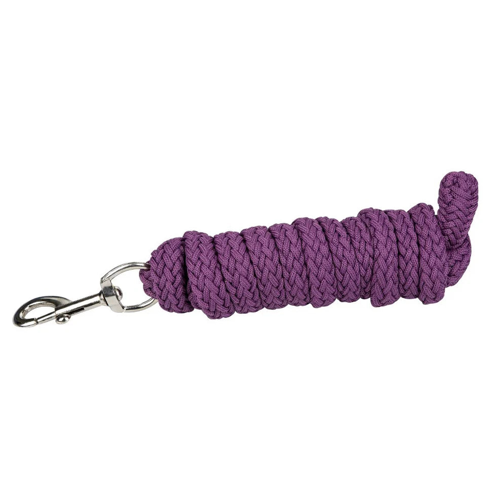 Plum colored lead rope with silver clip on a white background